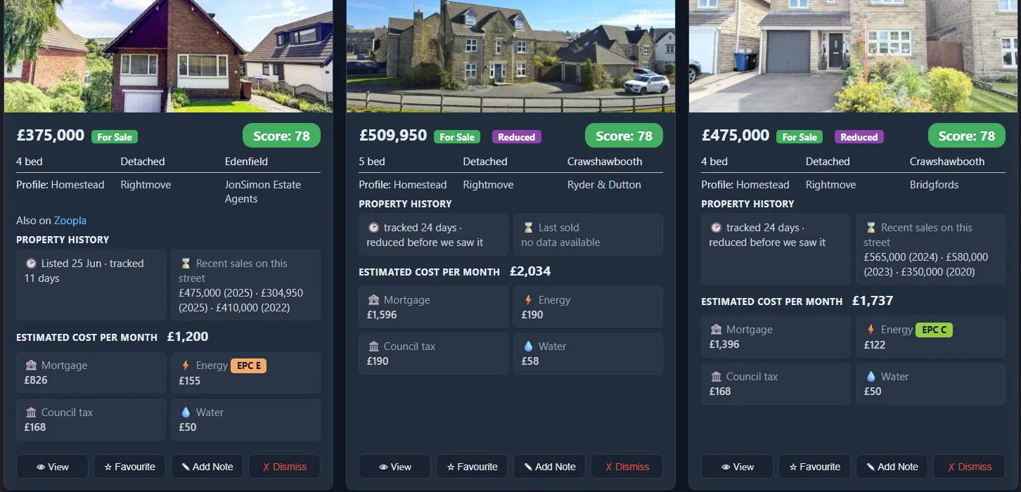 Three property cards showing price, match score, sales history and estimated monthly costs