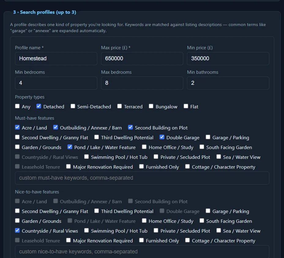 A search profile being configured: budget, bedrooms, property types and must-have features