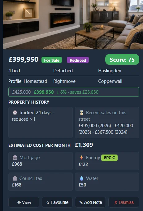 A price-reduction card on a phone showing the old price, new price and £25,050 saving