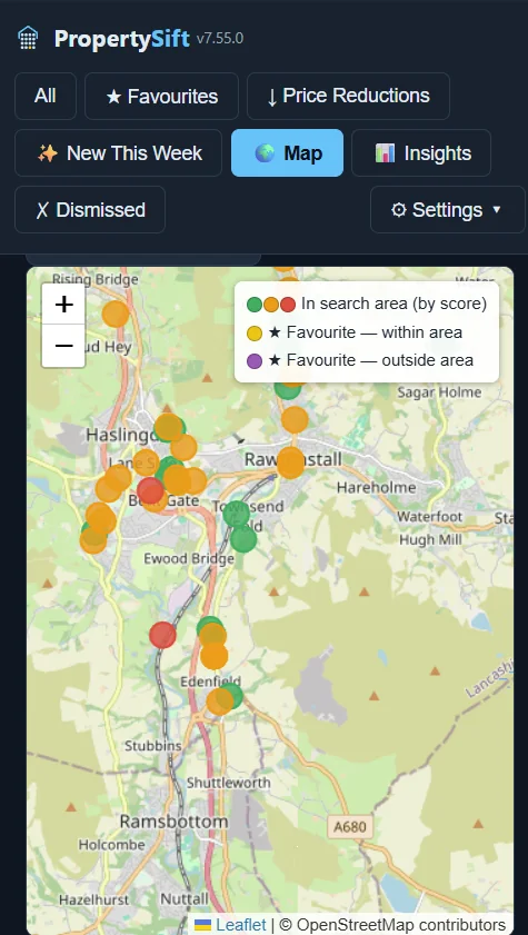 The map view on a phone, with matches pinned and colour-coded by score